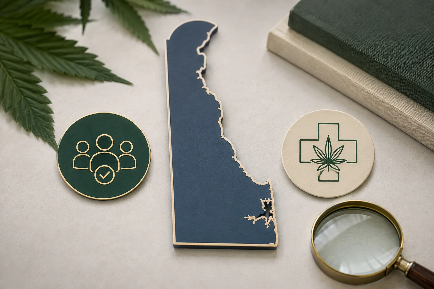 Silueta de Delaware entre hojas de cannabis, libros, una lupa y dos emblemas: personas con una marca de verificación y una cruz con una hoja.