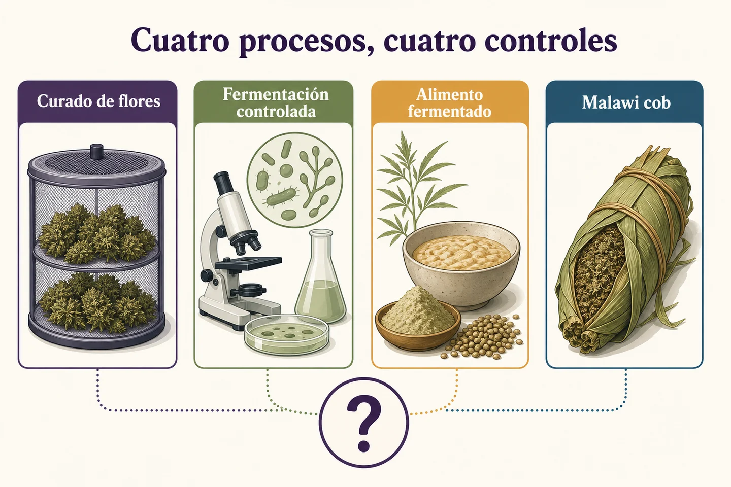 Infografía «Cuatro procesos, cuatro controles» con curado de flores, fermentación controlada, alimento fermentado y Malawi cob. Infografía «Cuatro procesos, cuatro controles» con curado de flores, fermentación controlada, alimento fermentado y Malawi cob.