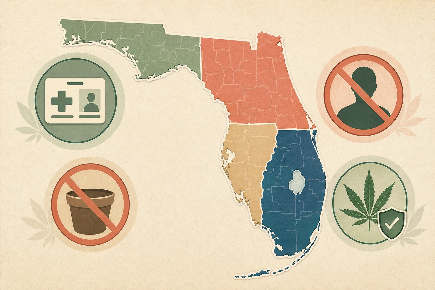 Ilustración del mapa de Florida por condados, rodeado de símbolos de tarjeta médica, persona tachada, maceta tachada y cannabis con escudo. Ilustración del mapa de Florida por condados, rodeado de símbolos de tarjeta médica, persona tachada, maceta tachada y cannabis con escudo.