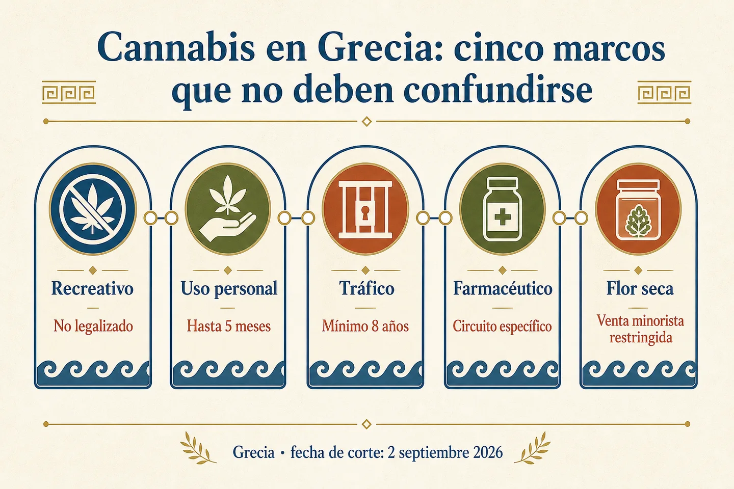 Infografía sobre cannabis en Grecia con cinco columnas: recreativo, uso personal, tráfico, farmacéutico y flor seca. Infografía sobre cannabis en Grecia con cinco columnas: recreativo, uso personal, tráfico, farmacéutico y flor seca.