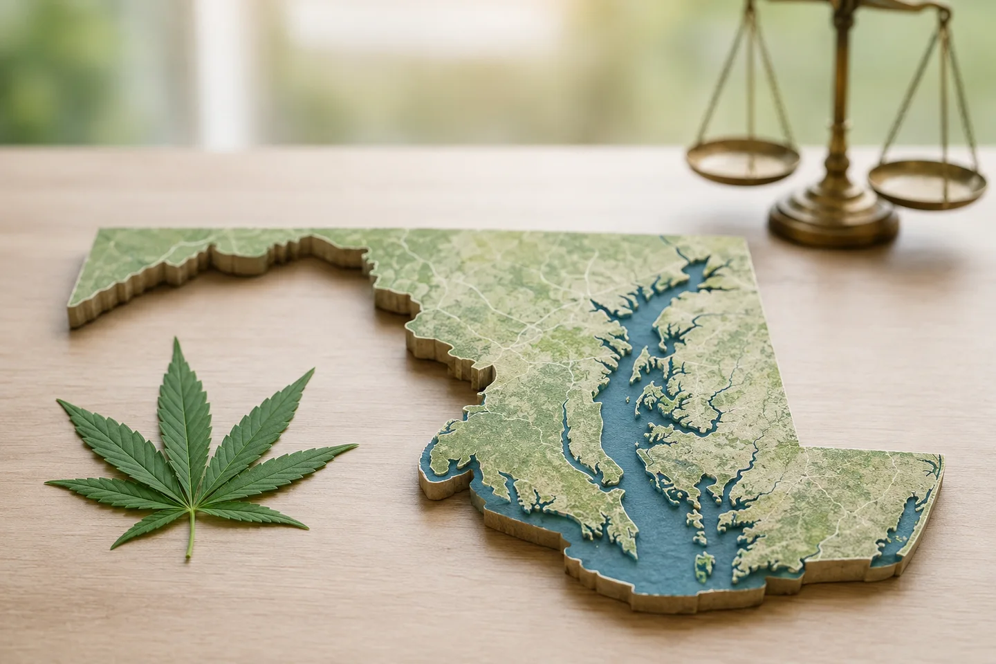 Mapa en relieve de Maryland sobre una mesa, con una hoja de cannabis a la izquierda y una balanza al fondo. Mapa en relieve de Maryland sobre una mesa, con una hoja de cannabis a la izquierda y una balanza al fondo.