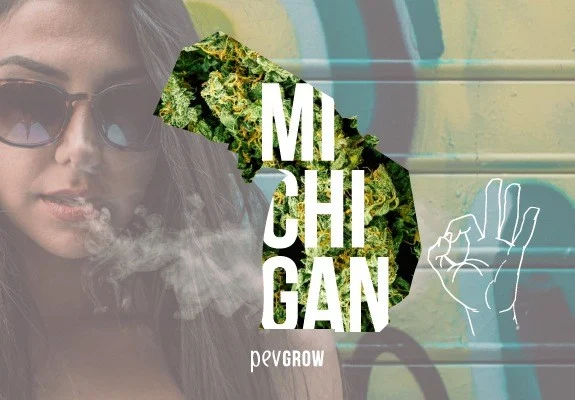Silueta de Michigan rellena de cogollos con su nombre dividido en tres líneas, junto a una mujer con gafas y humo. Silueta de Michigan rellena de cogollos con su nombre dividido en tres líneas, junto a una mujer con gafas y humo.