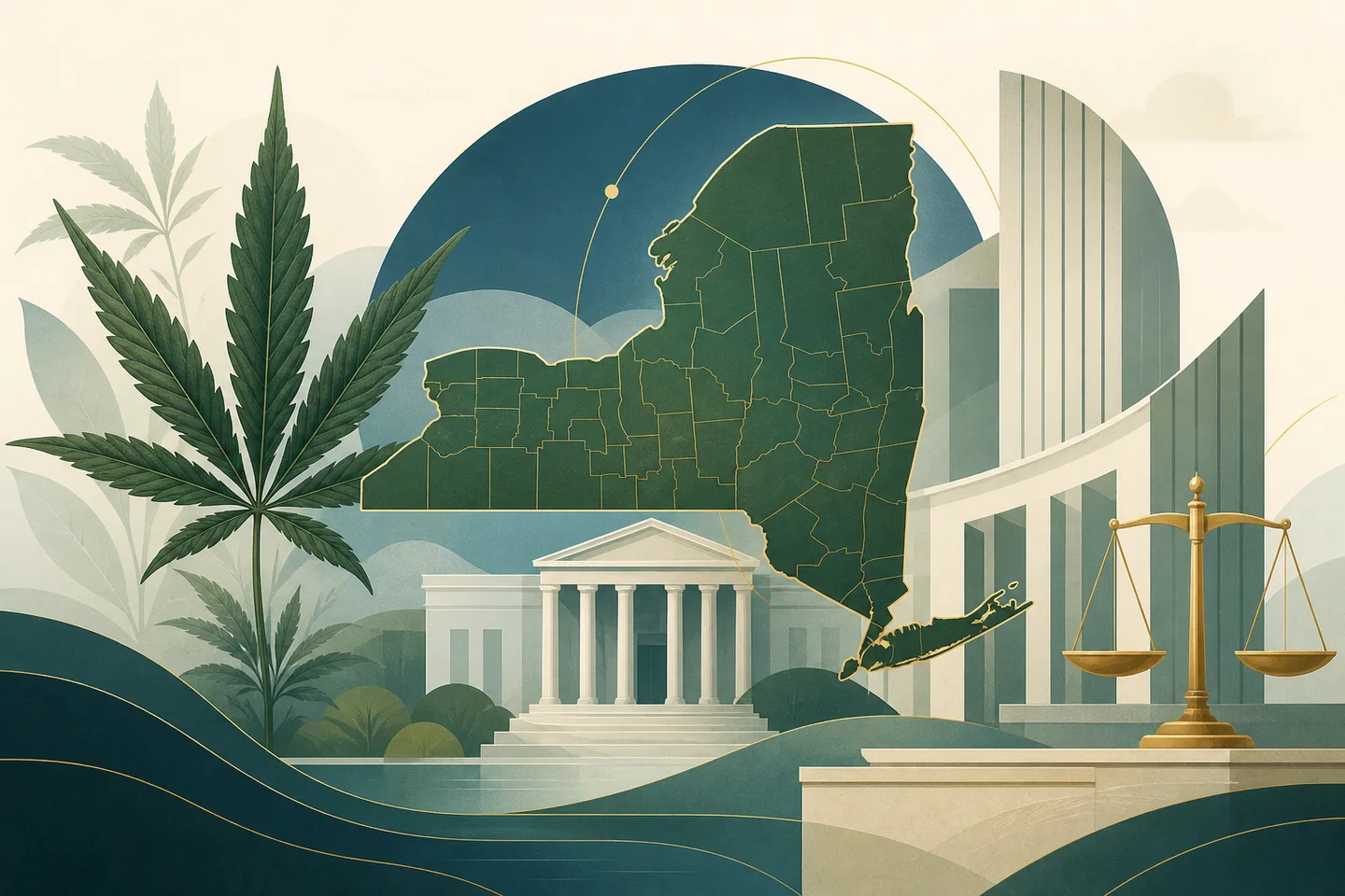 Ilustración del mapa del estado de Nueva York junto a una hoja de cannabis, un edificio con columnas y una balanza dorada. Ilustración del mapa del estado de Nueva York junto a una hoja de cannabis, un edificio con columnas y una balanza dorada.