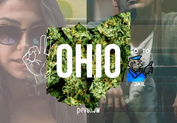 Silueta de Ohio rellena de cogollos con el texto «Ohio», sobre un montaje de una mujer con humo y un hombre tras barrotes. Silueta de Ohio rellena de cogollos con el texto «Ohio», sobre un montaje de una mujer con humo y un hombre tras barrotes.