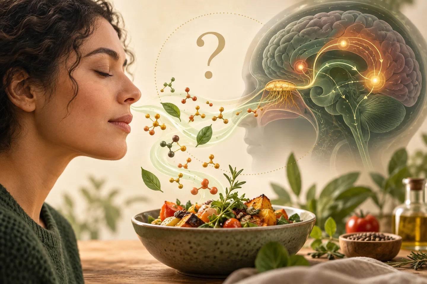 Ilustración de una mujer con los ojos cerrados ante un cuenco de comida, con moléculas y un cerebro superpuestos conectados por líneas luminosas. Ilustración de una mujer con los ojos cerrados ante un cuenco de comida, con moléculas y un cerebro superpuestos conectados por líneas luminosas.