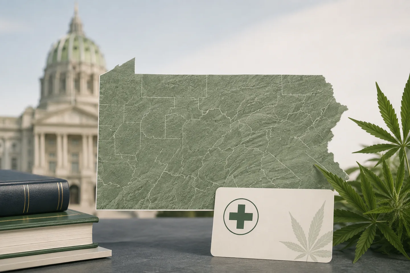 Mapa de Pensilvania con límites de condados, una tarjeta con cruz verde, libros y hojas de cannabis ante un edificio con cúpula. Mapa de Pensilvania con límites de condados, una tarjeta con cruz verde, libros y hojas de cannabis ante un edificio con cúpula.