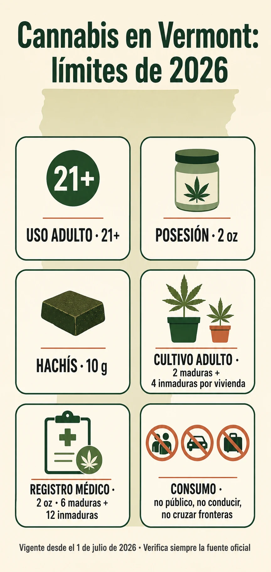 Infografía sobre cannabis en Vermont en 2026, con límites de edad, posesión, cultivo, registro médico y restricciones de consumo. Infografía sobre cannabis en Vermont en 2026, con límites de edad, posesión, cultivo, registro médico y restricciones de consumo.