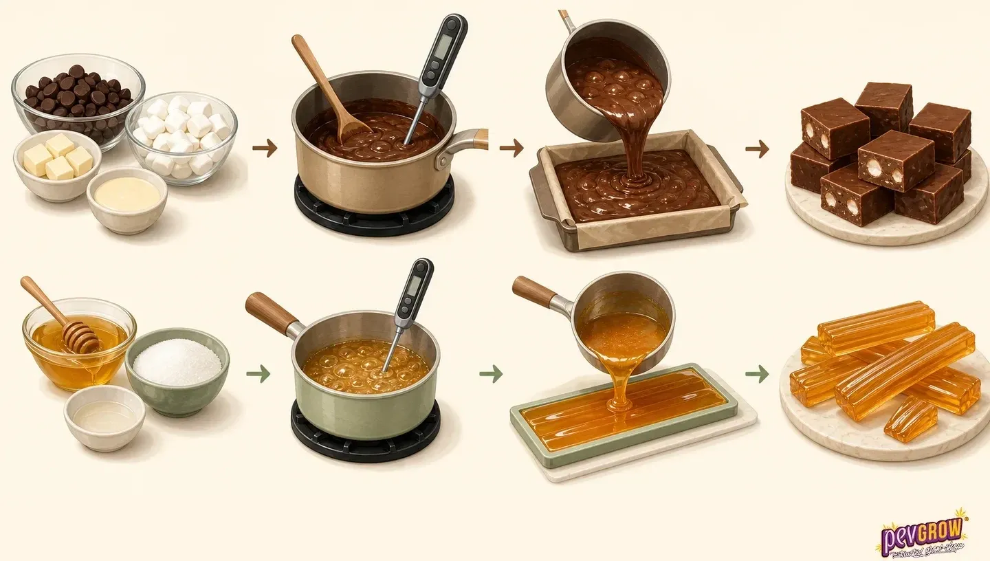 Dos secuencias ilustradas de elaboración de dulces: cuadrados de chocolate y barritas de caramelo ámbar, con cazos y moldes.