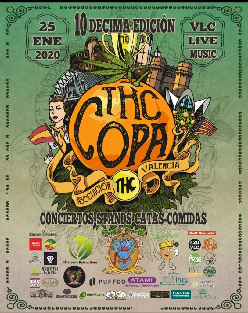 Cartel verde de la décima Copa THC Valencia, del 25 de enero de 2020, con una naranja central, un trofeo y edificios ilustrados. Cartel verde de la décima Copa THC Valencia, del 25 de enero de 2020, con una naranja central, un trofeo y edificios ilustrados.