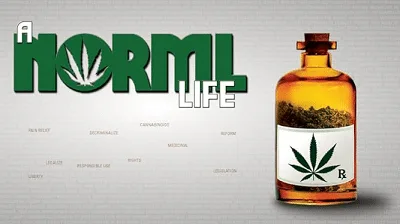 Cartel de «A NORML Life» con letras verdes y blancas y un frasco ámbar con tapón y una hoja de cannabis en la etiqueta. Cartel de «A NORML Life» con letras verdes y blancas y un frasco ámbar con tapón y una hoja de cannabis en la etiqueta.