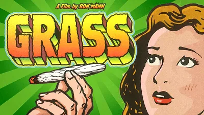 Cartel ilustrado de Grass con una mujer que sostiene un porro, título amarillo y naranja y fondo verde de rayos. Cartel ilustrado de Grass con una mujer que sostiene un porro, título amarillo y naranja y fondo verde de rayos.