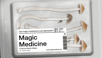 Cartel de Magic Medicine con varias setas de tallos largos sobre una bandeja y una etiqueta blanca con el título. Cartel de Magic Medicine con varias setas de tallos largos sobre una bandeja y una etiqueta blanca con el título.