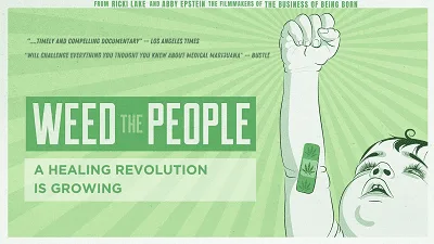 Cartel verde de «Weed the People», con un bebé que alza el puño y lleva una tirita con una hoja de cannabis en el brazo. Cartel verde de «Weed the People», con un bebé que alza el puño y lleva una tirita con una hoja de cannabis en el brazo.