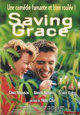 Cartel de Saving Grace, El jardín de la alegría, con una mujer y un hombre sonriendo entre hojas verdes.