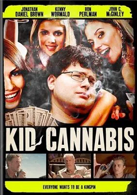 Cartel de Kid Cannabis con un joven con gafas rodeado de humo, mujeres y billetes, y tres escenas pequeñas en la parte inferior.