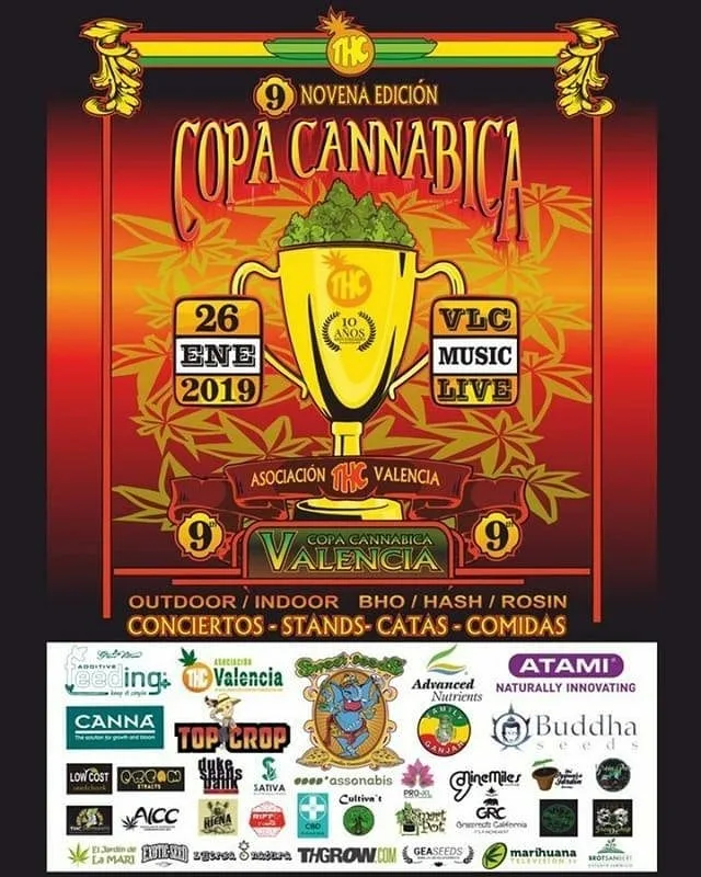 Cartel rojo y amarillo de la novena Copa Cannábica de Valencia, del 26 de enero de 2019, con un trofeo lleno de cannabis. Cartel rojo y amarillo de la novena Copa Cannábica de Valencia, del 26 de enero de 2019, con un trofeo lleno de cannabis.