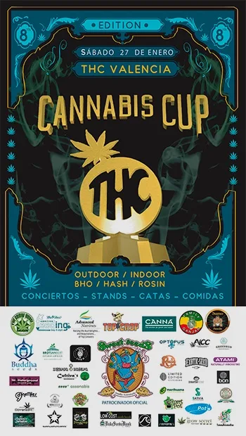 Cartel de la octava Cannabis Cup THC Valencia, con letras doradas, adornos turquesas y un trofeo con el emblema THC sobre fondo negro. Cartel de la octava Cannabis Cup THC Valencia, con letras doradas, adornos turquesas y un trofeo con el emblema THC sobre fondo negro.