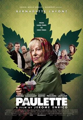 Cartel de Paulette con una mujer de pañuelo en la cabeza y billetes en las manos, ante una gran hoja de cannabis y otros personajes.