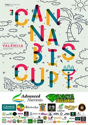 Cartel de Cannabis Cup con grandes letras multicolores, dibujos de una palmera, olas y un trofeo, y logotipos en la parte inferior. Cartel de Cannabis Cup con grandes letras multicolores, dibujos de una palmera, olas y un trofeo, y logotipos en la parte inferior.
