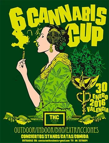 Cartel verde y amarillo de la sexta Cannabis Cup, con una mujer de perfil, un trofeo y la fecha 30 de enero de 2016 en Valencia. Cartel verde y amarillo de la sexta Cannabis Cup, con una mujer de perfil, un trofeo y la fecha 30 de enero de 2016 en Valencia.
