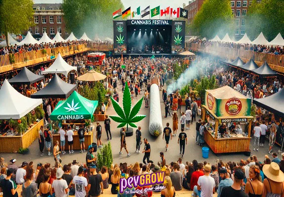 Vista elevada de un festival con público, carpas, escenario «Cannabis Festival» y grandes figuras de una hoja de cannabis y un porro. Vista elevada de un festival con público, carpas, escenario «Cannabis Festival» y grandes figuras de una hoja de cannabis y un porro.