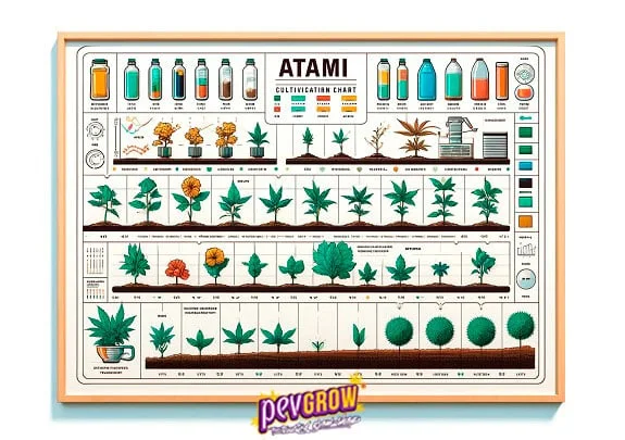 Cartel enmarcado de Atami con botellas de fertilizantes y filas de ilustraciones de plantas, hojas y flores sobre una cuadrícula.
