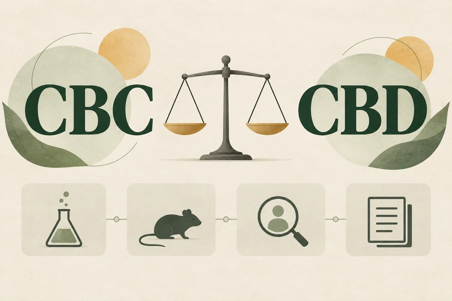 Ilustración comparativa de CBC y CBD con una balanza central e iconos de laboratorio, ratón, persona bajo una lupa y documentos.