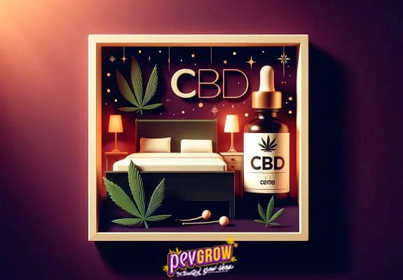 Ilustración enmarcada de una cama, un frasco con cuentagotas rotulado CBD y hojas de cannabis, sobre un fondo morado. Ilustración enmarcada de una cama, un frasco con cuentagotas rotulado CBD y hojas de cannabis, sobre un fondo morado.