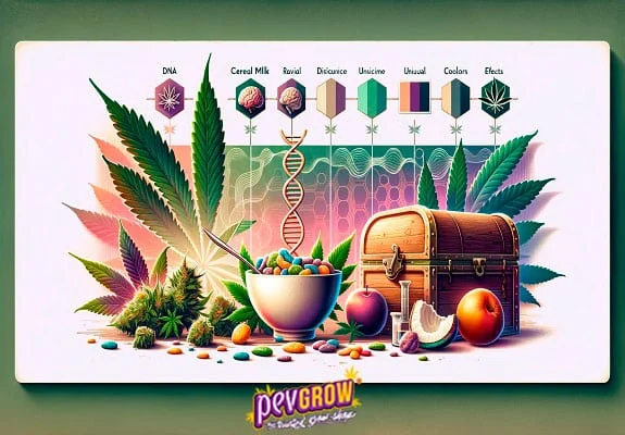 Ilustración con hojas y cogollos de cannabis, un cuenco de cereales, frutas y un cofre bajo símbolos y una hélice de ADN. Ilustración con hojas y cogollos de cannabis, un cuenco de cereales, frutas y un cofre bajo símbolos y una hélice de ADN.