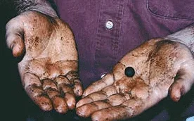 Primer plano de dos palmas abiertas manchadas de resina oscura, con una pequeña bola negra en una de ellas.
