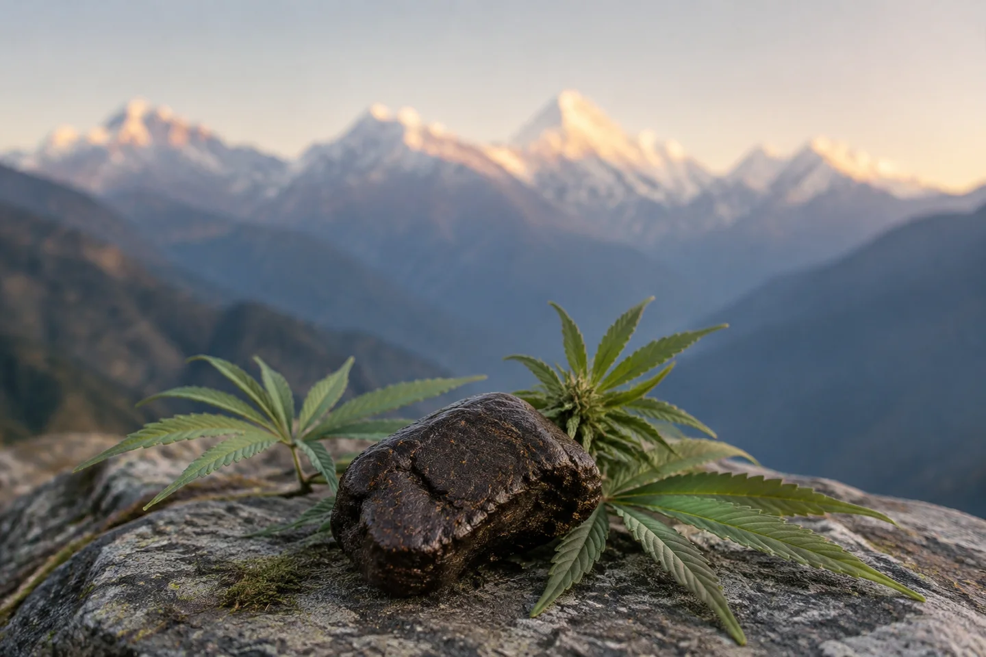 Bloque oscuro de charas sobre una roca, rodeado de hojas de cannabis, con una cordillera nevada desenfocada al fondo.
