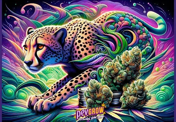 Ilustración de un guepardo entre remolinos multicolores, con cogollos de cannabis y recipientes en primer plano. Ilustración de un guepardo entre remolinos multicolores, con cogollos de cannabis y recipientes en primer plano.