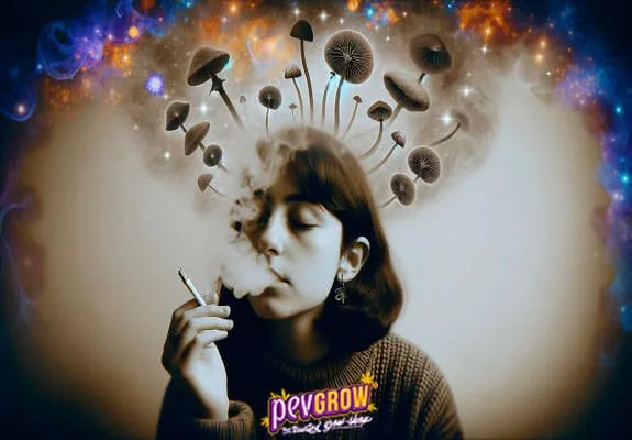 Montaje de una persona con un cigarrillo y humo ante el rostro, rodeada de setas flotantes y luces de colores. Montaje de una persona con un cigarrillo y humo ante el rostro, rodeada de setas flotantes y luces de colores.