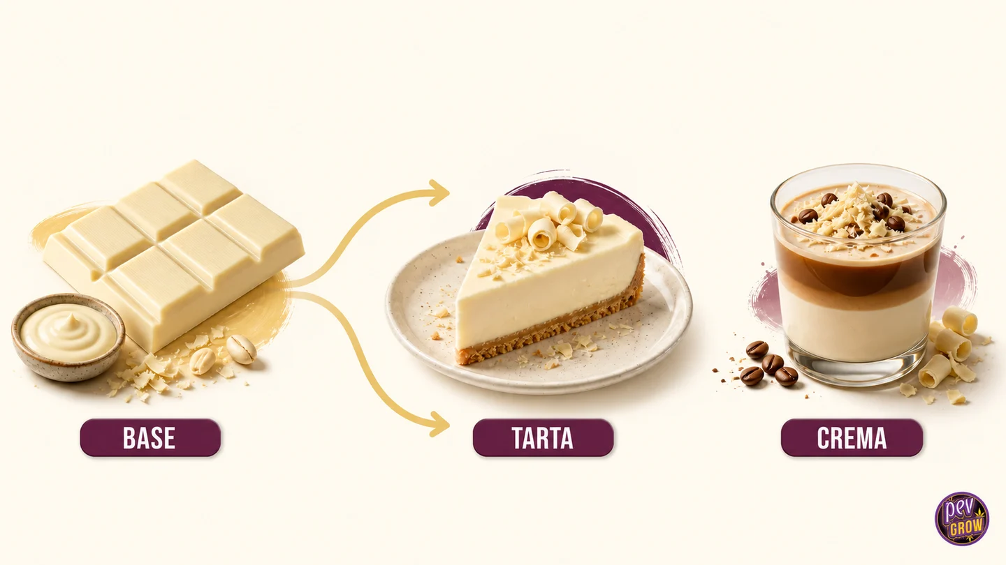 Una tableta de chocolate blanco con flechas hacia una porción de tarta y un postre en vaso, rotulados «Base», «Tarta» y «Crema».