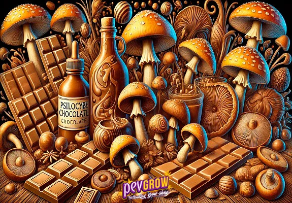 Ilustración de setas anaranjadas, tabletas de chocolate y frascos decorados; uno lleva las palabras «PSILOCYBE CHOCOLATE». Ilustración de setas anaranjadas, tabletas de chocolate y frascos decorados; uno lleva las palabras «PSILOCYBE CHOCOLATE».