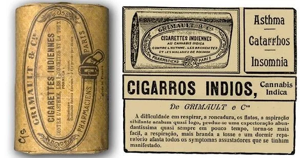 Envase antiguo de cigarrillos Grimault junto a anuncios históricos que mencionan Cannabis indica, asma, catarros e insomnio.