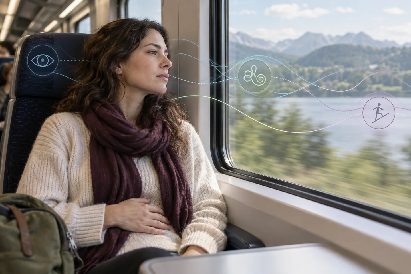 Mujer sentada en un tren con una mano sobre el abdomen, mirando el paisaje por la ventana, con iconos sensoriales superpuestos. Mujer sentada en un tren con una mano sobre el abdomen, mirando el paisaje por la ventana, con iconos sensoriales superpuestos.
