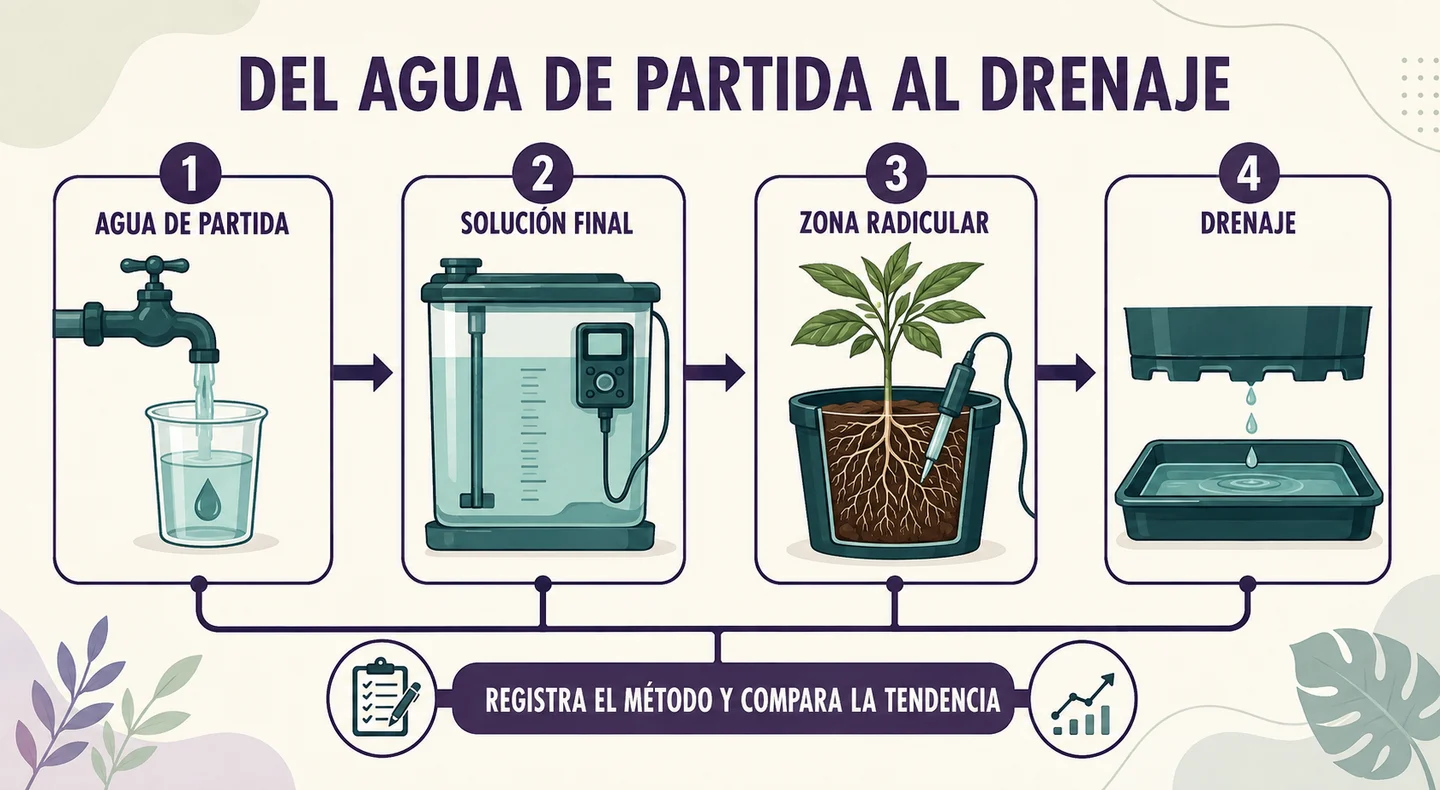 Infografía del recorrido del agua de riego en cuatro etapas: agua de partida, solución final, zona radicular y drenaje.