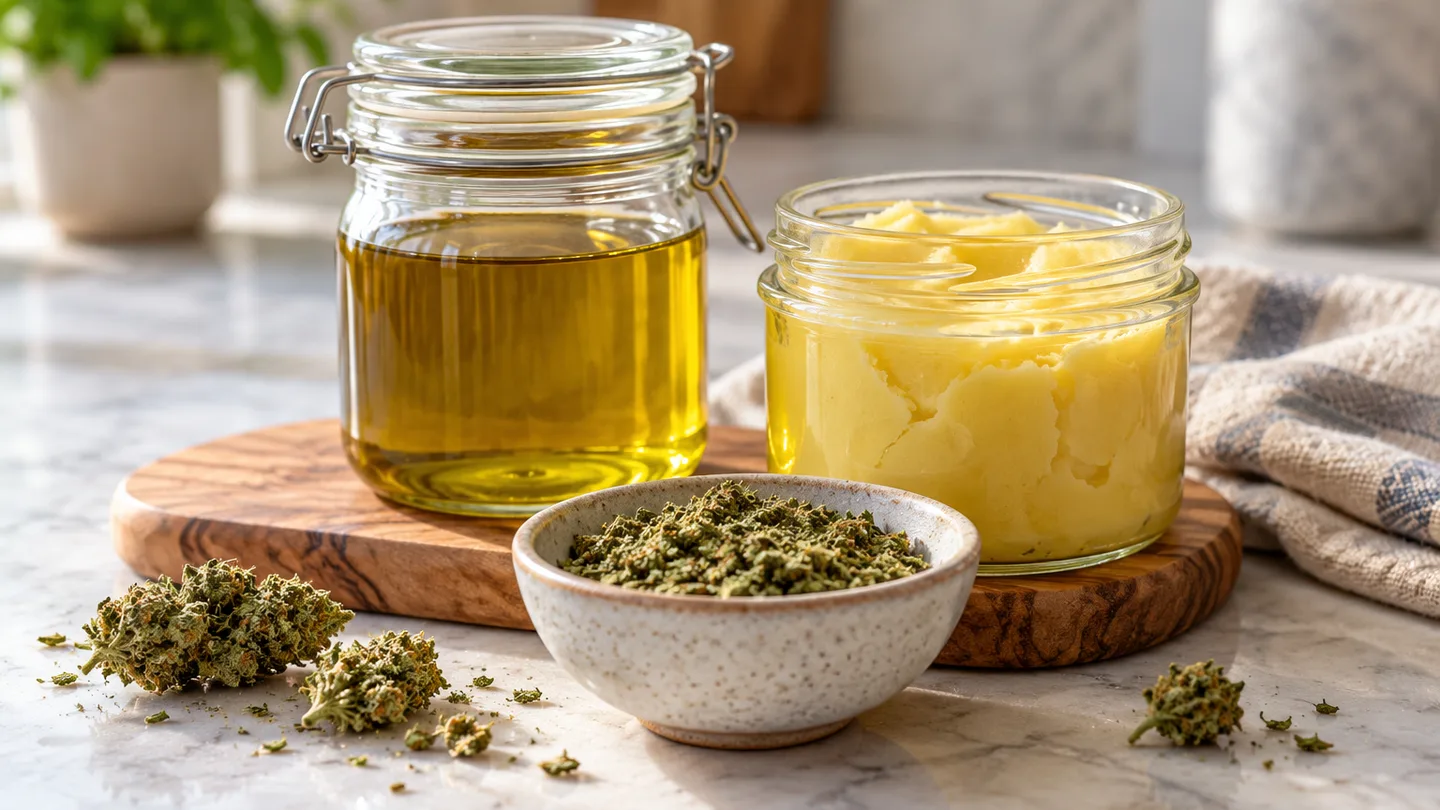Frascos de vidrio con aceite dorado y mantequilla cremosa junto a un cuenco de hierba seca molida sobre una encimera de cocina clara