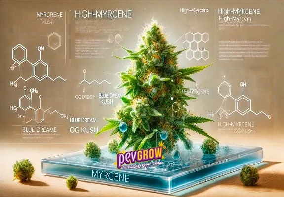 Ilustración de un cogollo de cannabis sobre una base azul, rodeado de estructuras químicas y textos sobre mirceno, Blue Dream y OG Kush. Ilustración de un cogollo de cannabis sobre una base azul, rodeado de estructuras químicas y textos sobre mirceno, Blue Dream y OG Kush.