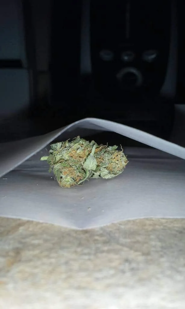 Pequeño cogollo de cannabis sobre una hoja de papel plegada, apoyada en una superficie clara, con el fondo oscuro y desenfocado. Pequeño cogollo de cannabis sobre una hoja de papel plegada, apoyada en una superficie clara, con el fondo oscuro y desenfocado.