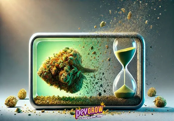 Ilustración de un cogollo que se deshace en partículas junto a un reloj de arena, dentro de un marco rectangular con luz verde.