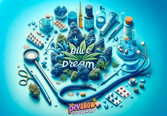 Composición ilustrada con cogollos y hojas de cannabis, instrumental médico, pastillas y el texto «Blue Dream» sobre fondo turquesa. Composición ilustrada con cogollos y hojas de cannabis, instrumental médico, pastillas y el texto «Blue Dream» sobre fondo turquesa.