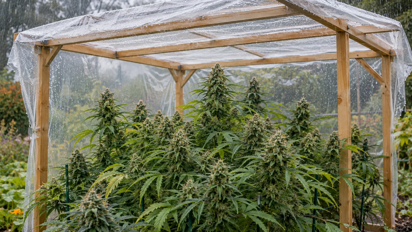 Plantas en floración con cogollos densos bajo una cubierta translúcida sobre un armazón de madera, con lluvia fina cayendo fuera del jardín Plantas en floración con cogollos densos bajo una cubierta translúcida sobre un armazón de madera, con lluvia fina cayendo fuera del jardín