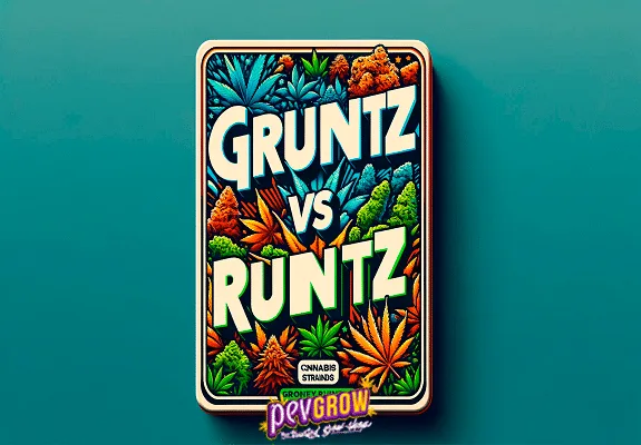 Cartel ilustrado «GRUNTZ VS RUNTZ» con grandes letras claras rodeadas de hojas y cogollos multicolores sobre un fondo turquesa.