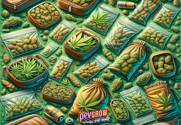 Ilustración de cogollos y hojas de cannabis en bolsas transparentes con cierre, saquitos y estuches sobre un fondo verde.