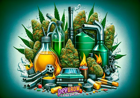 Ilustración de cogollos y hojas de cannabis entre recipientes, tubos, llamas y un coche verde, con el logotipo Pevgrow al pie. Ilustración de cogollos y hojas de cannabis entre recipientes, tubos, llamas y un coche verde, con el logotipo Pevgrow al pie.