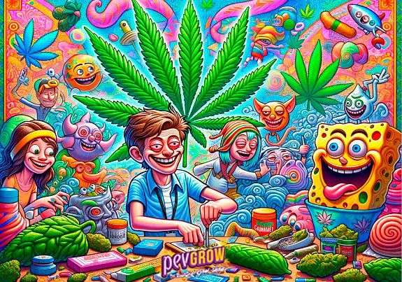 Ilustración multicolor con personajes sonrientes, Bob Esponja, grandes hojas de cannabis y una mesa con cogollos y accesorios. Ilustración multicolor con personajes sonrientes, Bob Esponja, grandes hojas de cannabis y una mesa con cogollos y accesorios.