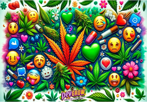 Collage multicolor con hojas y cogollos de cannabis, emojis de caras, corazones, flores y la marca Pevgrow en la parte inferior.