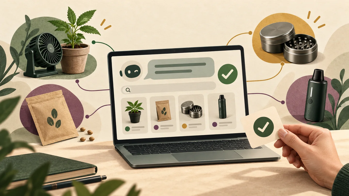 Ilustración de un portátil con un chat, semillas, un ventilador, un grinder y un vaporizador; una mano muestra una tarjeta de aprobación. Ilustración de un portátil con un chat, semillas, un ventilador, un grinder y un vaporizador; una mano muestra una tarjeta de aprobación.